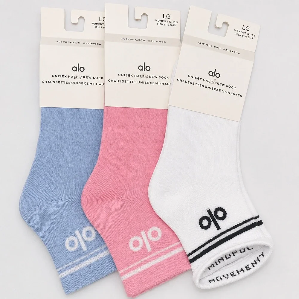 Alo Yoga Unisex Half-Crew Socks 3-Pack Blue Pink White Large NWT